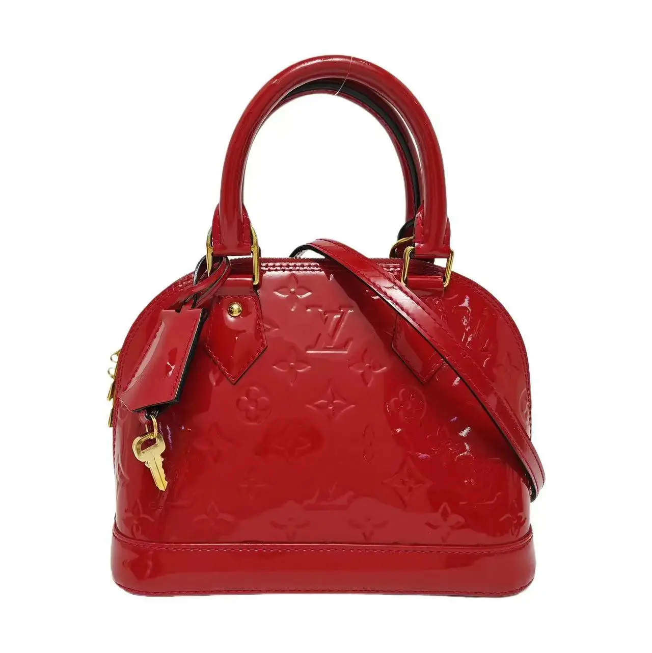 Pre-owned Louis Vuitton Patent leather Tote Bags LOUIS VUITON ALMA BB Red Old Flower Embossed Shell Bag