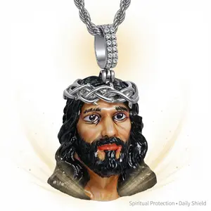 3D Realistic Jesus Pendant – Hip Hop Streetwear Statement, Diamond Paved Bail, Cold Enamel Face, Heavy Rope Chain, Spiritual Protection for Men
