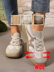 Women's Wide Width Comfortable Low-Top Knitted Running Shoes, Breathable Mesh Outdoor Casual Walking Sneakers, Fashion Sporty Travel Shoes