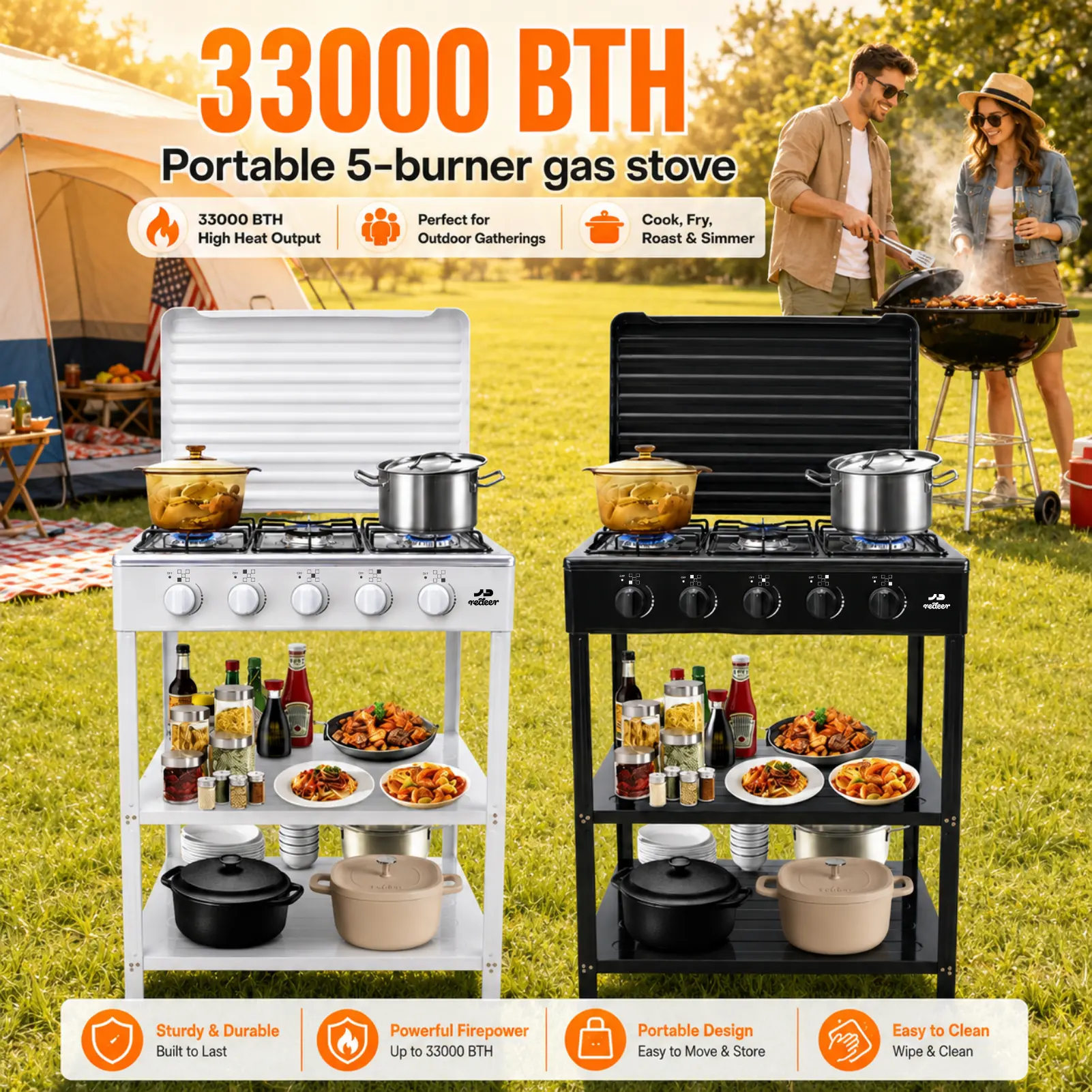 【upgrade】Redeer 33000 BTH Natural Gas Stove, Natural Gas Stove With 5 Burners, Portable Natural Gas Stove For Outdoor Activities-- Camping, Fishing, RV Travel, Emergency Preparedness 0-20 psi adjustable regulator tent  stove grills
