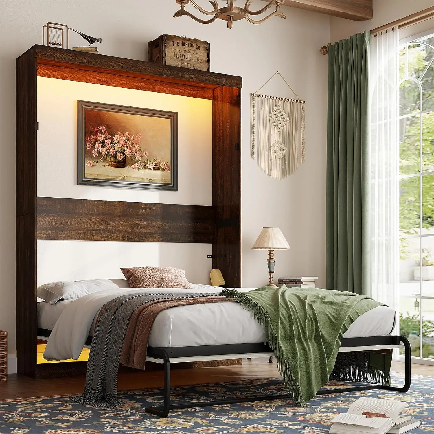 【2Packages Shipping】Queen/Full Size Murphy Bed with 2 LED Lights, Farmhouse Wood Hidden Foldable Wall Bed Frame w/Gas Struts, Storage Bed Cabinet for Bedroom, Office, Space-Saving, No Box Spring Needed, Rustic White/Brown