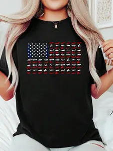Airplane US Flag - Airline Pilot Aviation Aircraft Lover T-Shirt Print T-Shirt Casual Crew Neck Short Sleeve Comfort Tee Top For Spring & Summer Women's Clothing