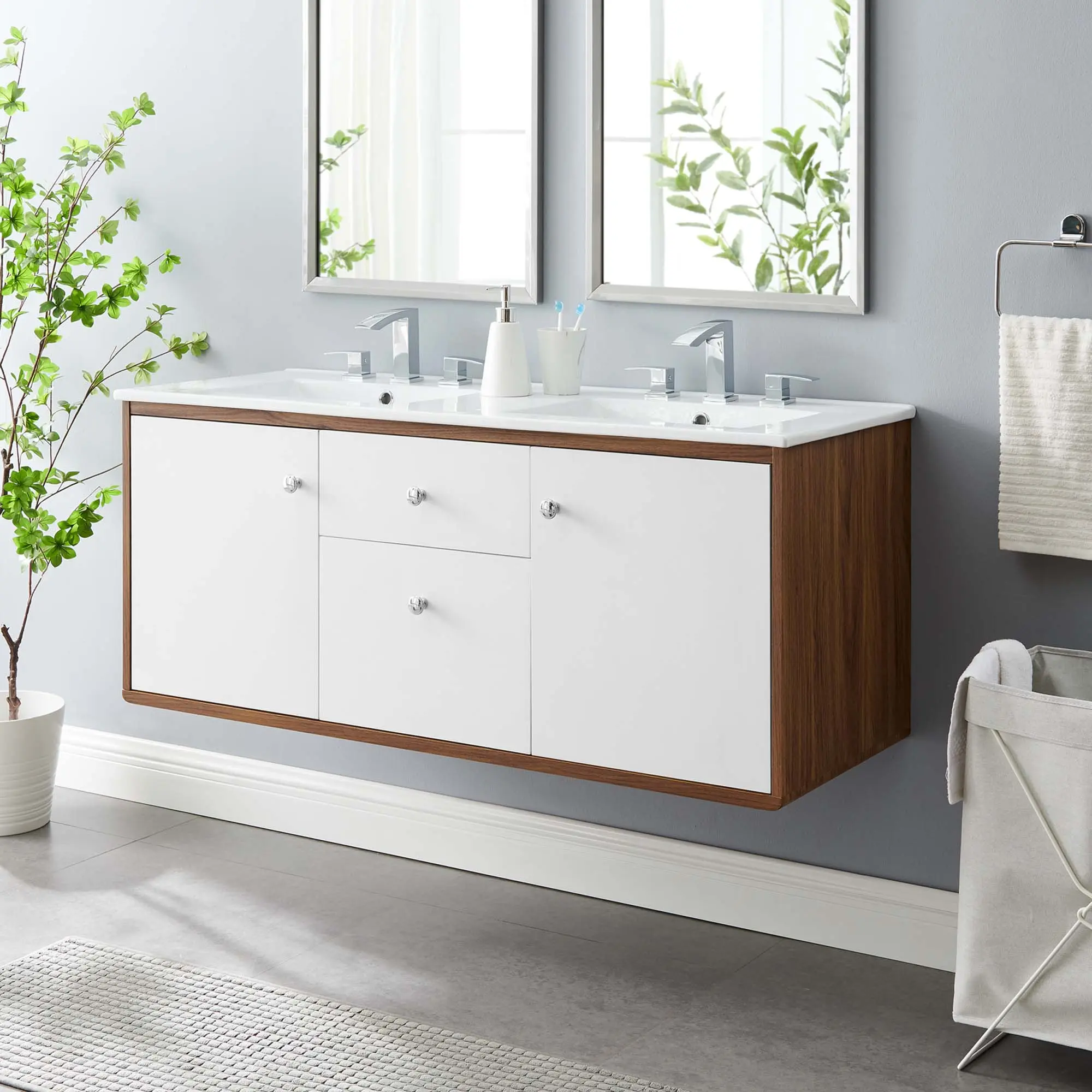 48" Wall-Mount Modern Storage Bathroom Vanity - Walnut White Retro Bathroom Cabinet with Double Sink, 48" Ceramic Double Basin Top and Ample Storage Space, Modern Storage Cabinets, Wall Hanging