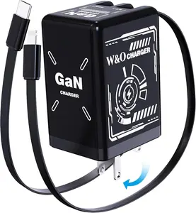 2-in-1 GaN Compatible with 120W Fast Charger with Retractable Type-C and ligtning Cable | Portable Adapter for iPhone 16, iPad, MacBook, Multi-Device Fast Charging, Folding Charing