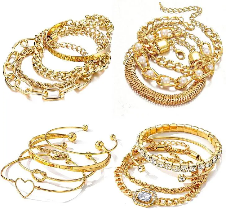 15PCS Golden Bracelets for Women,Multiple Layered Stackable Open Cuff Bangle,Adjustable Cuban Link Chain Tennis Bracelet Pack,Dainty Classic Aesthetic Jewelry,Christmas Party Gifts