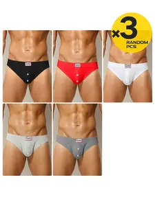 2/3/4Pcs Random Color Men's Solid Low Rise Briefs, Fake Button Decor, U Pouch, Ribbed Hip Lifting, Comfortable Casual Home Underwear