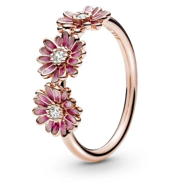 PANDORA Pink Daisy Trio Ring in 14-Karat Rose Gold-Plated Silver, a Stylish Reminder with a Hand-Painted Finish and 3 Enamel Flowers, Female, Everyday Wear Rings, Three Enamel Flowers