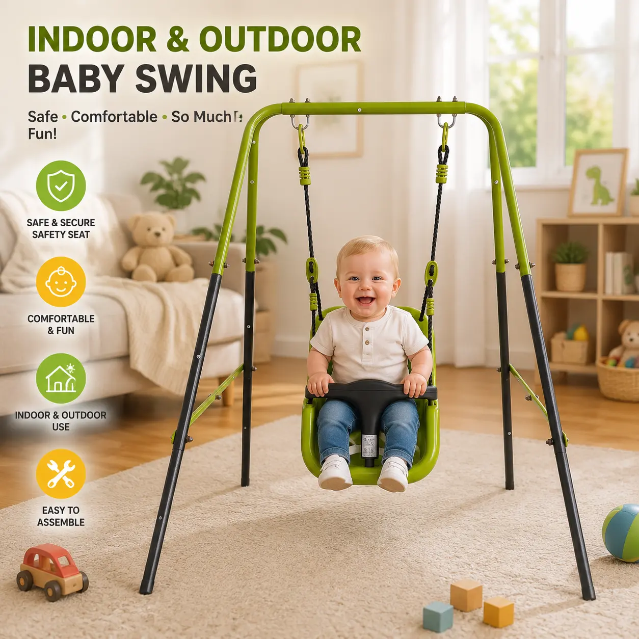 Indoor Outdoor Baby Swing equipment , Toddler SwingSet with Safety Seat & Secure Design, Kids Swing Chair for Backyard playground Fun, Indoor Play & Outdoor Activities
