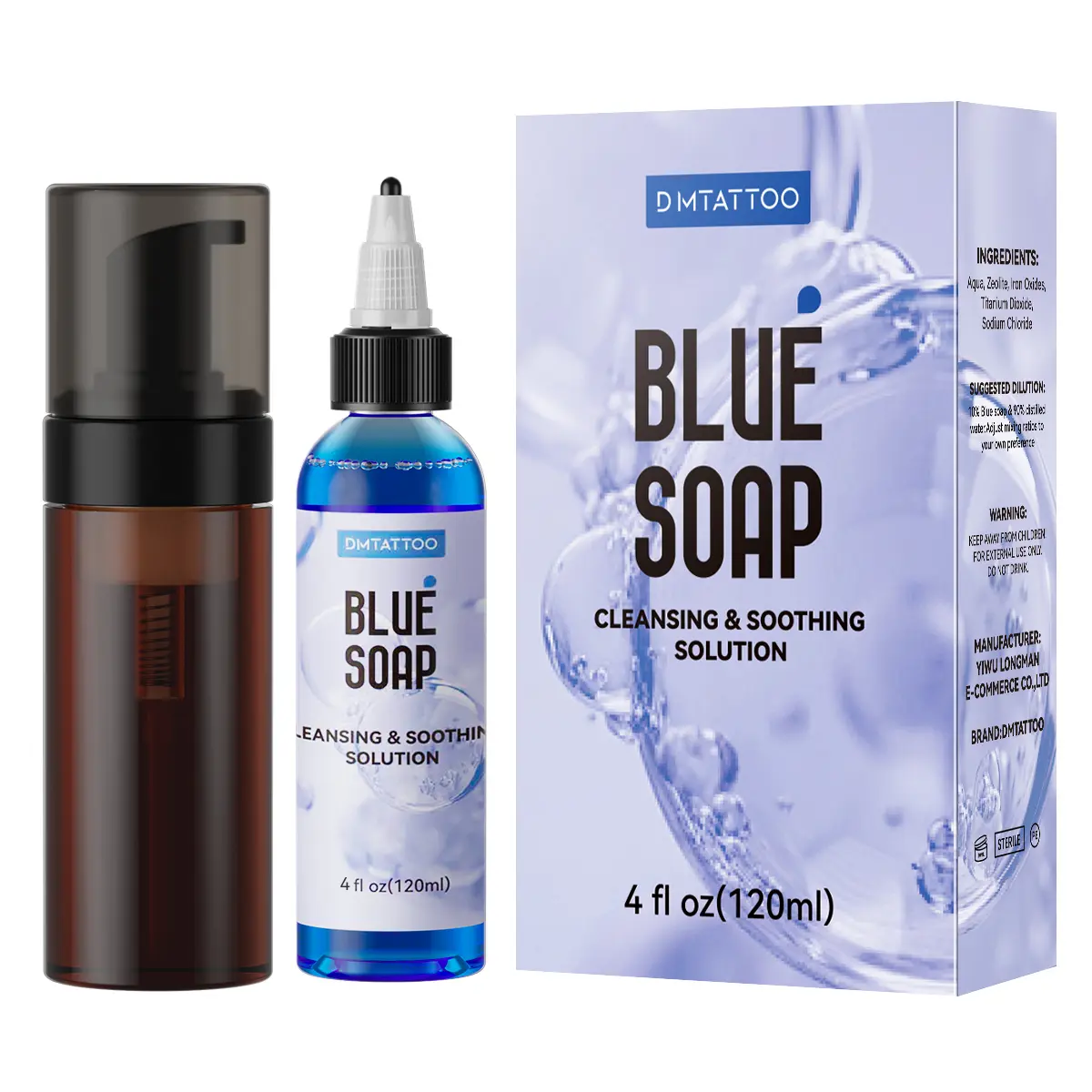 Blue Tattoo Soap Concentrate, 4 oz Cleansing and Soothing Liquid for Tattoo & Piercing Aftercare - Includes 120 ml Foaming Bottle, for Sensitive Skin, Blue Soap, All Skin Types, Light, Safe