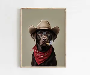 Chocolate Labrador Cowboy Wall Art | Lab Print | Western Dog Art | Muted Dog Painting | Western Aesthetic | Dog Print | Farmhouse Wall Decor