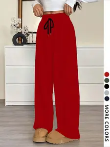 Women's Casual Loose-Fit Drawstring Adjustable Wide Leg Pants, Solid Color Long Sweatpants for All Seasons, Comfortable Ladies' Fashion Bottoms