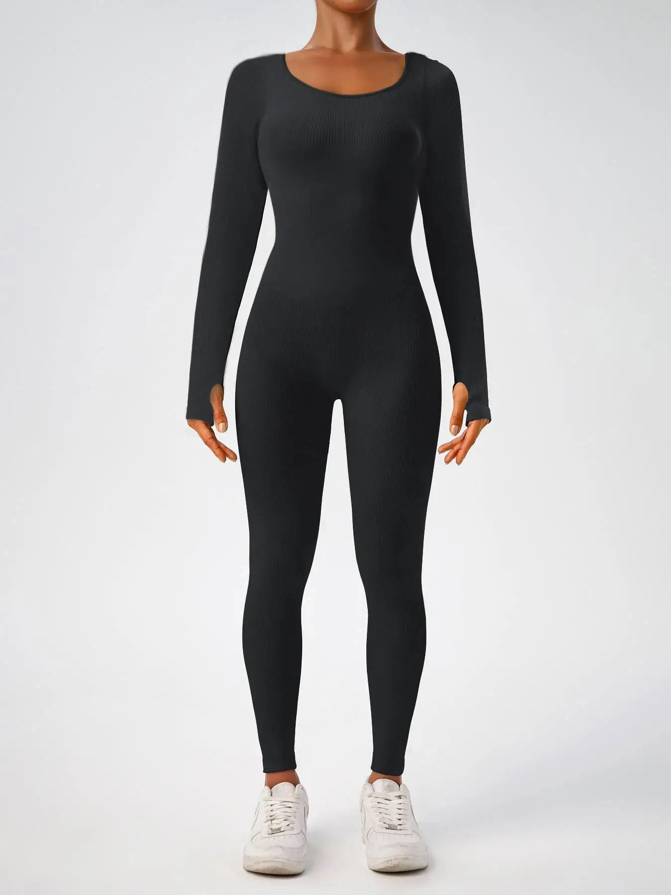 Women's Solid Ribbed Square Neck Body Contouring Sports Jumpsuit, Long Sleeve Bodycon One Piece Jumpsuit for Outdoor Sports, Ladies Sportswear Clothin