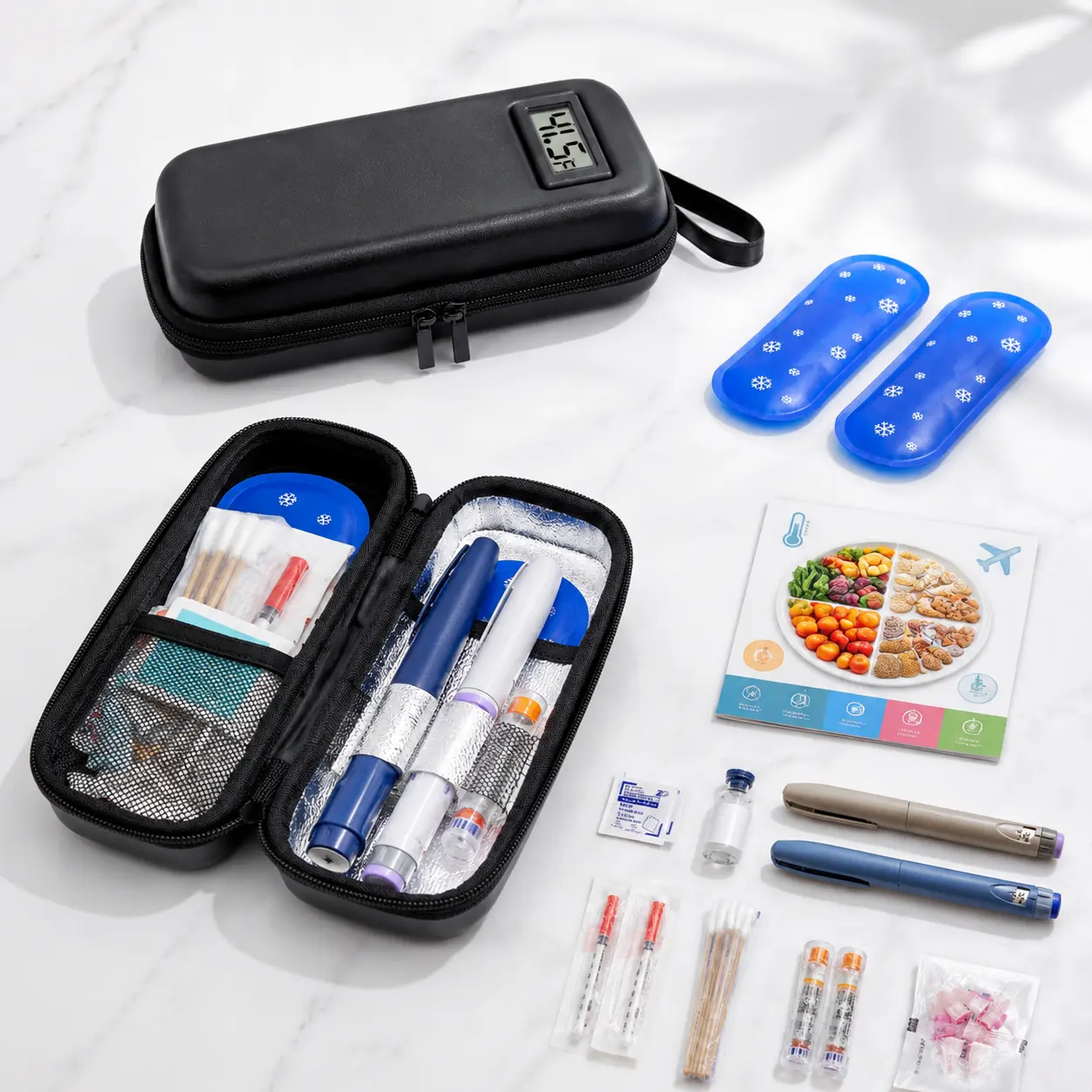 2PCS Insulin Cooler Organiser Bag - PU, With Zip, Real-Time Temp Display, TSA Approved Lightweight Expandable Home Medicine Storage + Bonus Diet Sheet (Travel Essentials)