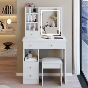 29.2" Small White Make Up Vanity, Dressing Table with 4 Drawer, 6 Level Storage Dresser with Extra Large Right Sliding Mirror, High Capacity Storage