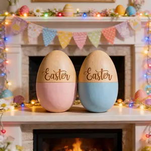 Easter Wooden Egg Set 2-Piece Easter Basket Decoration Rustic Farmhouse Easter Eggs for Spring Table Decor Easter Party and Holiday Home Decoration