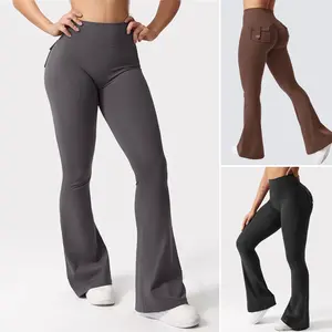 Women's High Waist Flare Leg Pants with Ruched Side Pockets - Breathable & Sporty Yoga Leggings for Gym, Workout, Casual Wear