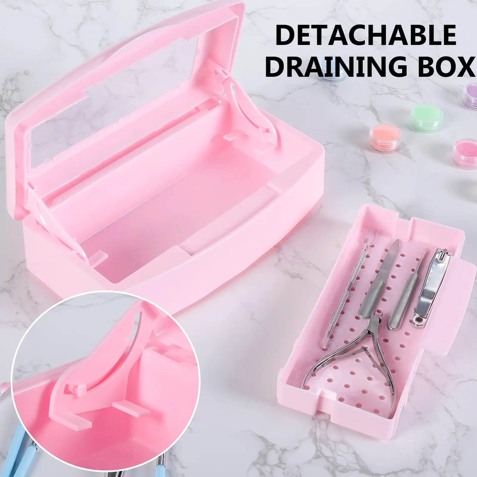 Portable nail cleaning box, Compact Versatile Lifting Drain Washing Box, used for plastic nail tools in nail salons, for home use, for thermometers, scissors, and nail clippers, no power/battery required