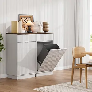 Oakault Tilt Out Trash Can Cabinet, Hidden Trash Bin with Storage Drawers,  Laundry Hamper Cabinet with Wave-Textured Drawer(White)