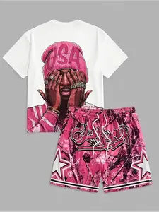 Men's Two-Piece Set, Hip-Hop Style Usa Graphic Print Short Sleeve T-Shirt + Camo Drawstring Shorts, Summer Casual Loose Fit