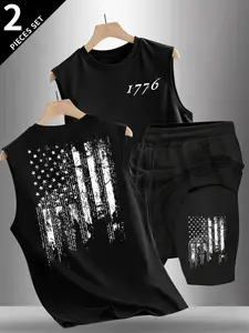 Men's 2-Piece Set Usa Flag Print Tank Top & Shorts, Casual Fitness, Patriotic Graphic, #PatrioticPrint #TikTokFashion #ViralFinds #OOTD