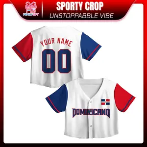 Dominican Republic Baseball Jersey Crop Top – Personalized Name & Number, Red Blue Flag Design Custom Jersey for Women