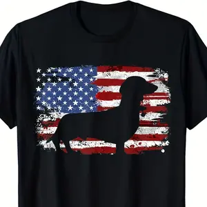 Vintage Dachshund American Flag Cotton T-Shirt, Nostalgic Dog Lover Casual Crew Neck Tee Ideal Holiday Gift