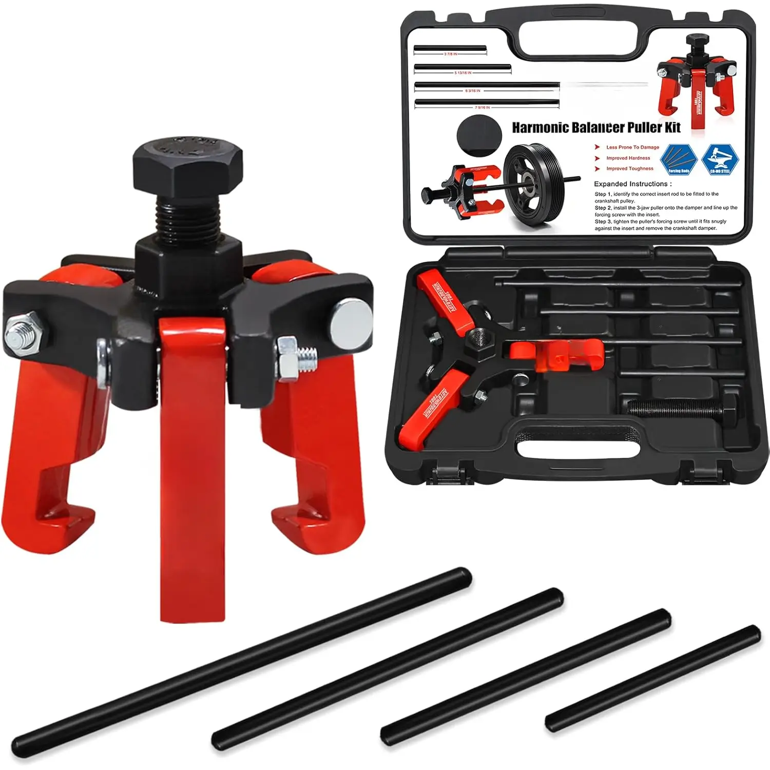 Harmonic Balancer Puller with Adjustable 3-Jaw Puller Kit, Forcing Screw Fits a 3/8" Square Drive and 4 Forcing Rods for Removing Harmonic Dampers & Balancers