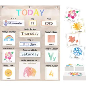 Circle Time Calendar Daily Morning Board Pocket Chart with Weather Seasons Positive Affirmations Letter Shape Number for Toddler Preschool Homeschool Morning Work Activity Pastel Design
