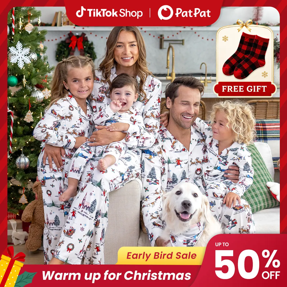 Early Bird | PatPat Mommy & Me Family Matching Christmas Pajamas with Socks Gift, Classic Button-Down Santa Sleigh & Christmas Village Print Elastic Waist Set