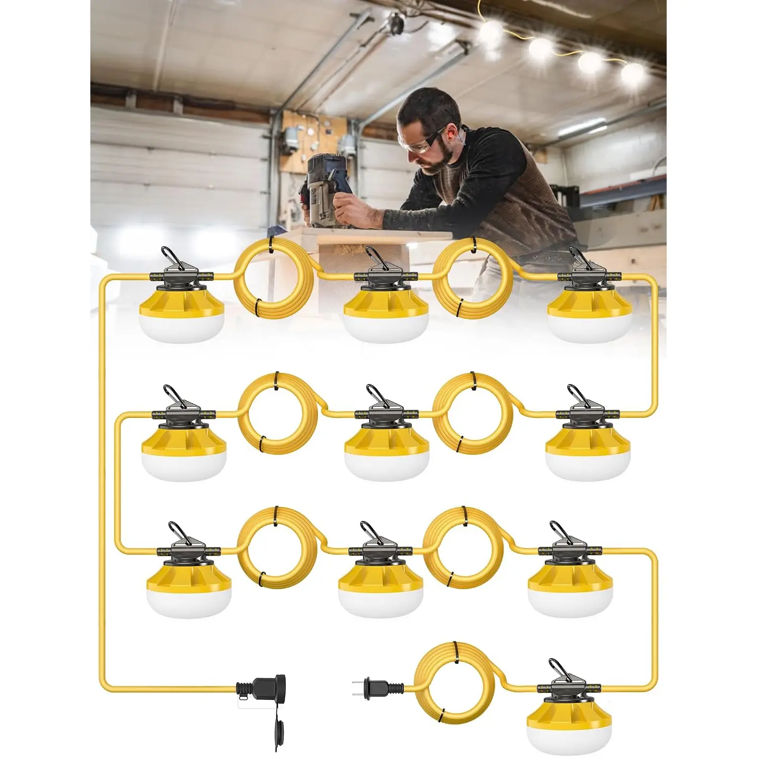 Construction String Lights: 100FT 10 Bulbs String Work Lights with Climbing Hooks - IP65 Waterproof Linkable LED Construction String Lights for Job Site Attic Renovation Crawlspace Lighting