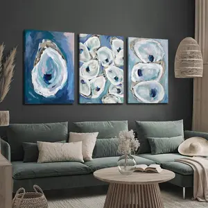 2D canvas, 3-piece framed canvas decorative painting, seaside villa cottage decoration, vintage abstract art, oyster shell, watercolor painting, interior home wall decoration art, Christmas decorations, vintage painting, coastal style decoration, durable