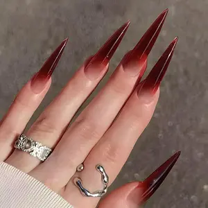 Press on Nails Long Stiletto Fake Nails Red Gradient French False Nails Tips Glossy Full Cover Wine Red Acrylic Stick on Nails Gel Goth Ombre Nail Kit for Women 24Pcs