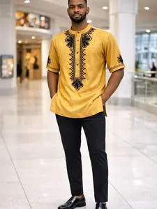 AfricanGold Embroidered Men’s Short Sleeve Traditional Shirt – Modern Dashiki-Inspired Top with Black Embroidery