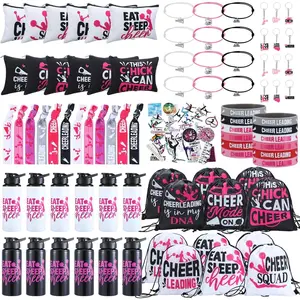 134 Pcs Cheerleading Gift Bulk Cheer Favors Cheerleader Cosmetic Bag Goodie Bags Rose Red Drawstring Bag Hair Ties Silicon Bracelet Keychains Stickers for Team