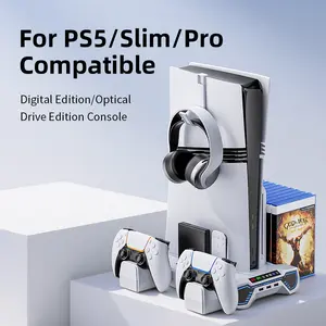 BRHE PS5/PS5 Slim/PS5 Pro Cooling & Charging Station with Cooling Fan,PS5/ PS5 Slim/PS5 Pro Stand for Disc & Digital Console,PS5 Controller Charger,PS5 / PS5 Slim Accessories with 3 Charging Ports,Headset Holder