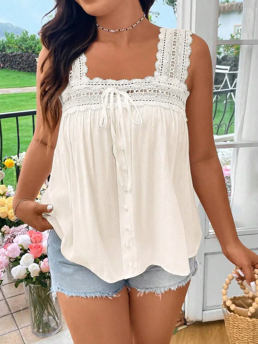 Plus Size Solid Color Lace Trim Camisole, Simple & Fashionable, Suitable For Summer