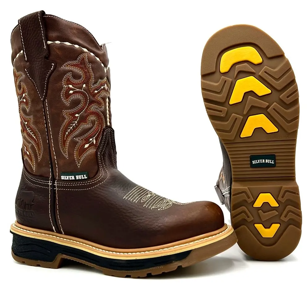 Silver Bull Rodeo Work Boot Round Toe Dual Density Goodyear Welt Sole SB-6010 Mid Calf Brown Footwear Leather Shoe boots for