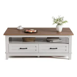 【GARVEE】Farmhouse Coffee Table with Drawers, 47.2" Center Table in White and Brown Finish, Featuring Open Display Shelf, 6 Support Legs, Rustic Style, and Spacious Storage for Living Room