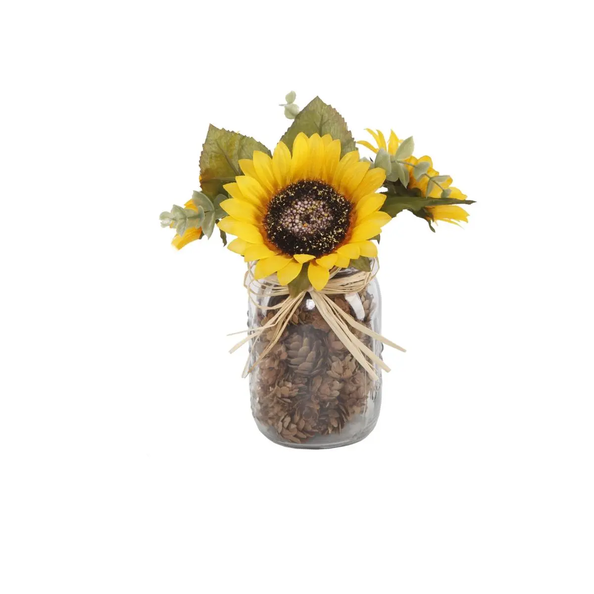 Flora Bunda FA1712E-YL 9.5' Tall Silk Yellow Sunflowers in Traditional Farmhouse Glass Pinecone Jar, Home Decor Accent, Table Centerpiece