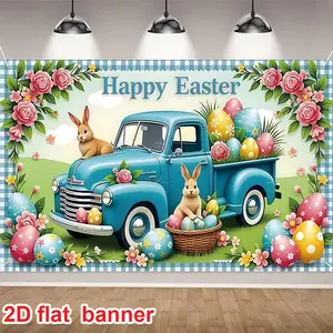 Easter Theme Decorative Banner, Vintage Blue Truck and Easter Bunny Eggs Pattern, Party Decorations Banners, Perfect for Spring/easter Parties, Home Gatherings, Store Displays