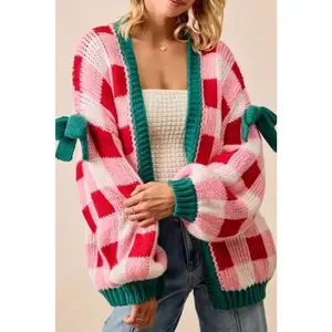 Pink Colorblock Checkered Open Front Knit Cardigan
