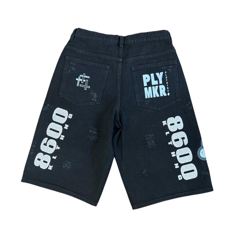 PLYMKR "Influence" Black Graphic Denim Jorts (8600)
