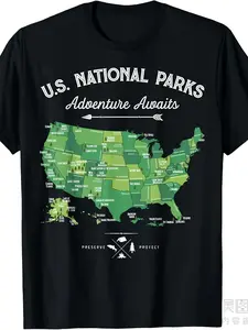 62 US National Parks Map T-Shirt - Vintage Camping & Hiking Shirt with all 62 Parks Labeled, Unisex Short-Sleeve 220GSM Cotton Top for Outdoor Enthusiasts & National Park Gifts