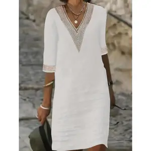 Short Sleeve Guipure Lace V Neck Dress for Spring & Summer, Casual Women's Clothing