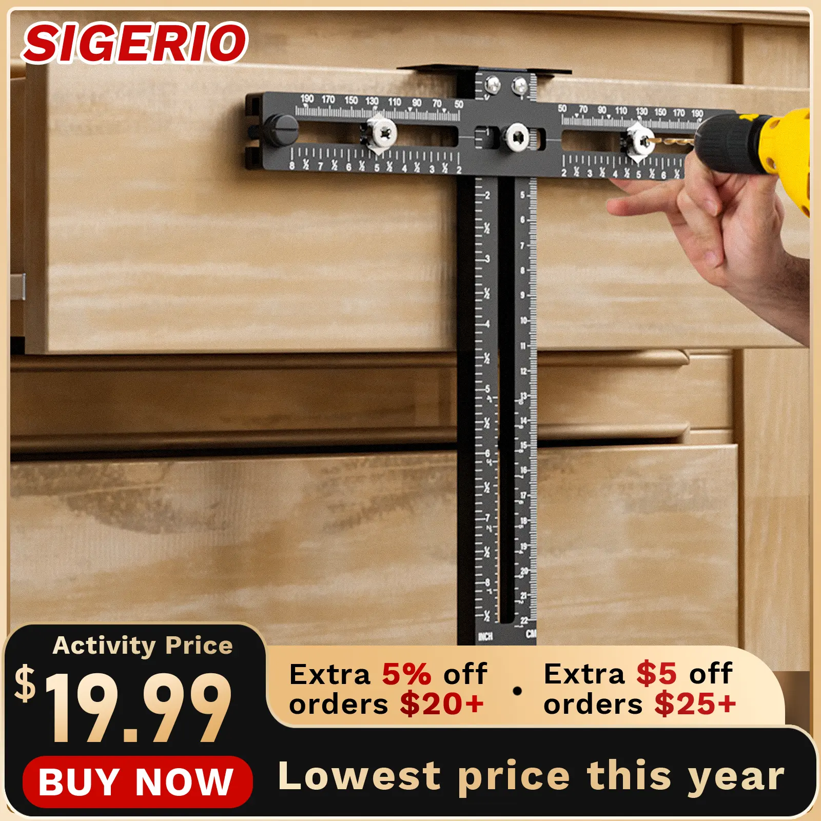 Sigerio Adjustable Cabinet Hardware Jig for Handles and Pulls, Aluminum Alloy Cabinet Handle Template Tool with Extended Length for Wide Application