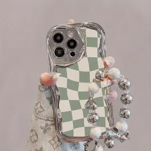 Checkerboard Pattern Phone Case with Beaded Lanyard, Anti-drop Phone Protective Cover, Protector, Phone Accessories Compatible with iPhone 16 15 14 13 12 11 Pro Max, Casing, Protection