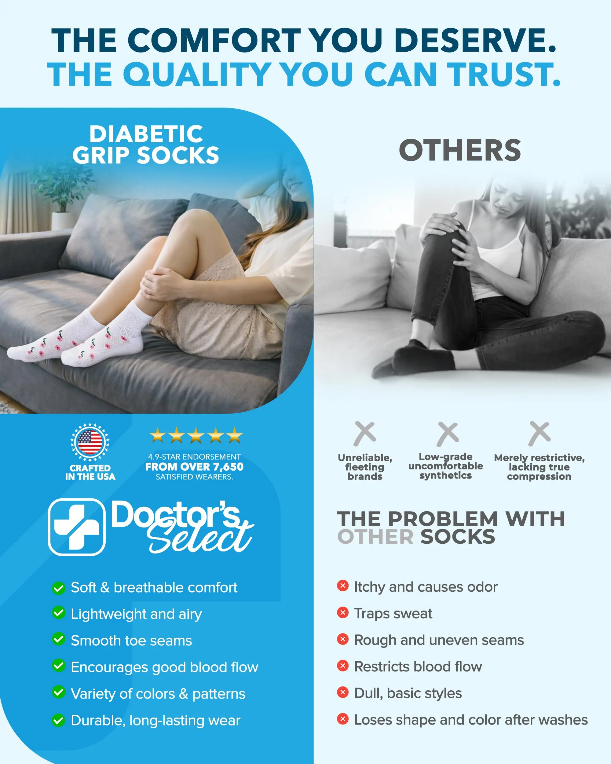 Doctor's Select Non Slip Diabetic Socks for Women & Men | 6 Pairs | Smooth Toe Seams & Grippers | Colors: White, Purple, Gray, Peach, Black, Blue Doctor's Select Non Slip Diabetic Socks for Women & Men | 6 Pairs | Smooth Toe Seams & Grippers | Colors: White, Purple, Gray, Peach, Black, Blue