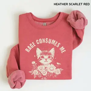 Rage Consumes Me Sweatshirt, Cute Cat Meme Graphic Crewneck, Funny Sarcastic Cat Shirt, Trendy Cozy Top for Women, Holiday Humor Wear