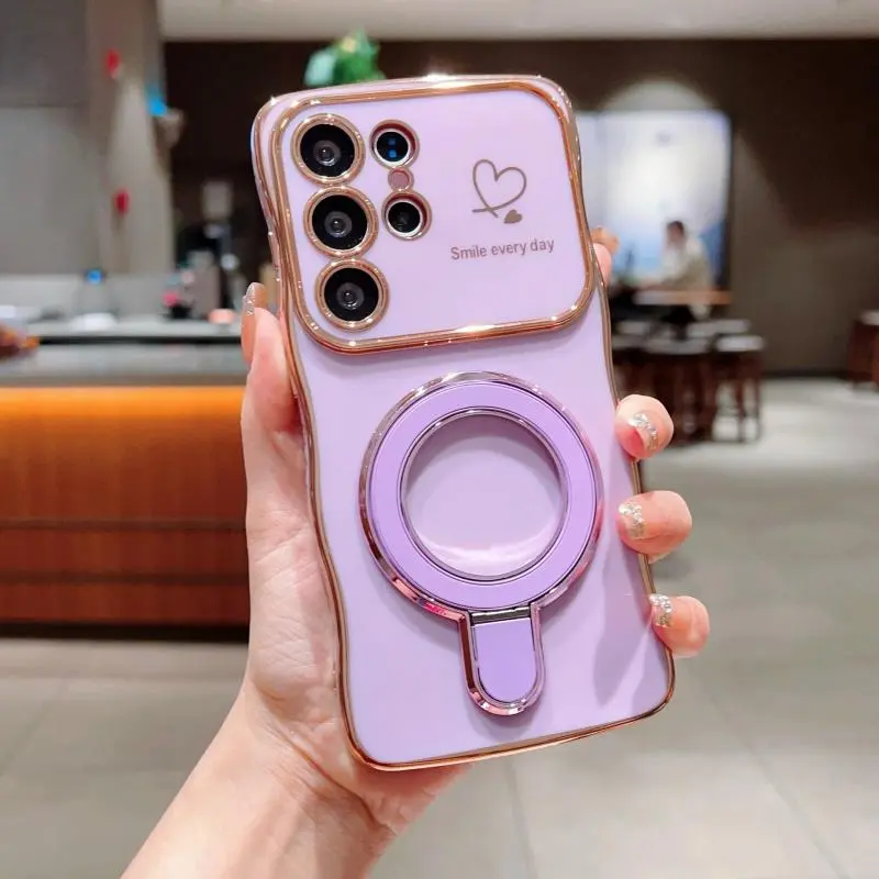 Magnetic Phone Case with Ring Holder, Wave Pattern Phone Protective Cover, Phone Accessories Compatible with Samsung S22 S23 S24 Ultra
