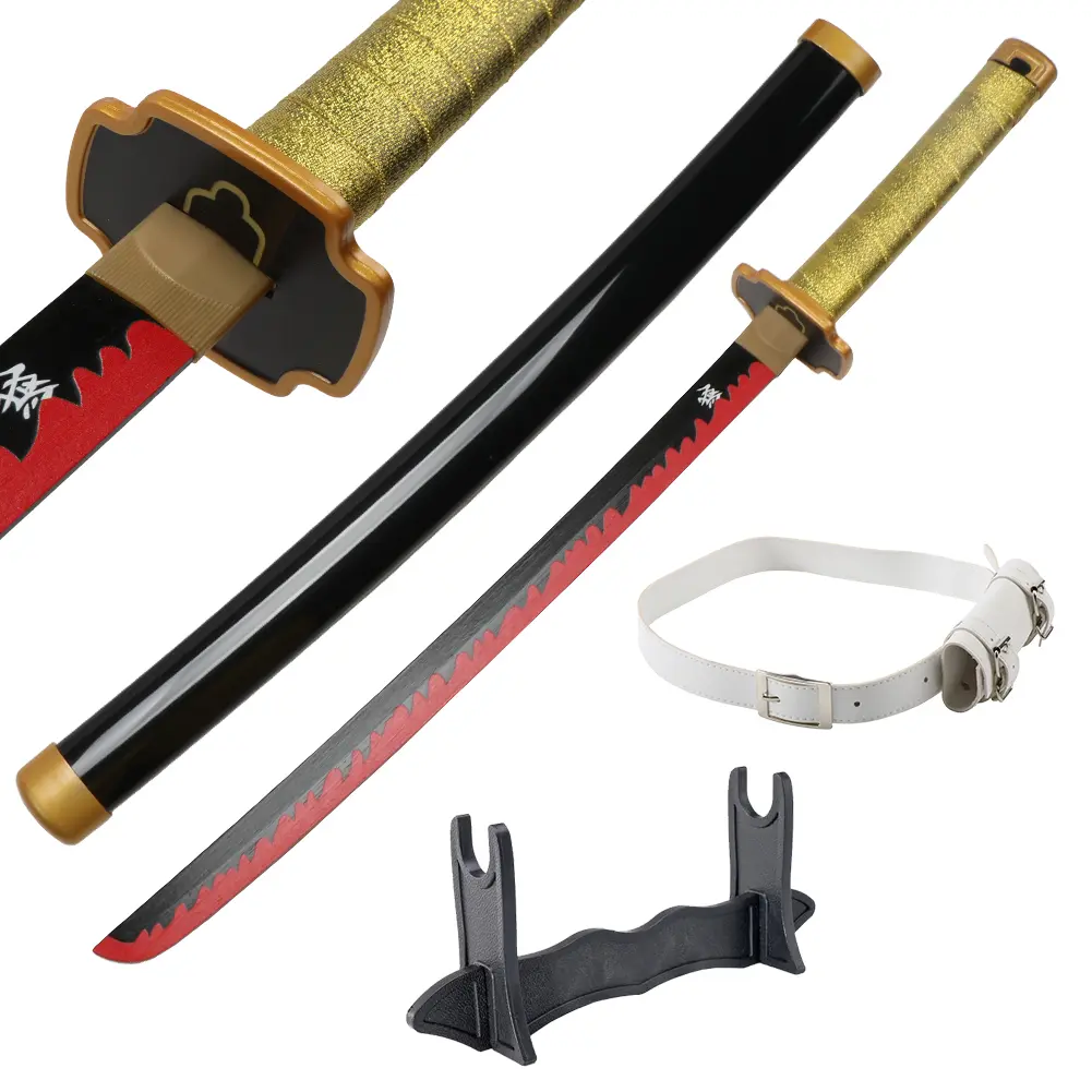 31-in Tsugikuni Yoriichi Cosplay Bamboo Wooden Sword for Demon Slayer Fans, Fencing Leisure Prop with Belt, Holder Stand Display, 0.8 lbs Plastic Decoration, Dull Blade for Safety, Unisex Halloween Gift